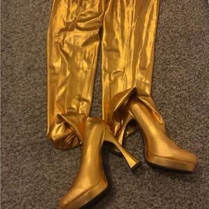 Metallic gold Leggings with shoes attached .